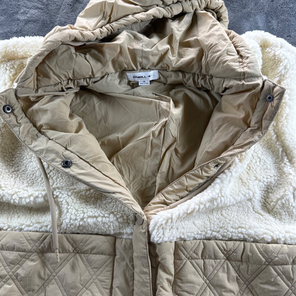 O'Neill Womens Sherpa Quilted Hooded Jacket Cream Tan Mixed Media Size M - Picture 6 of 10